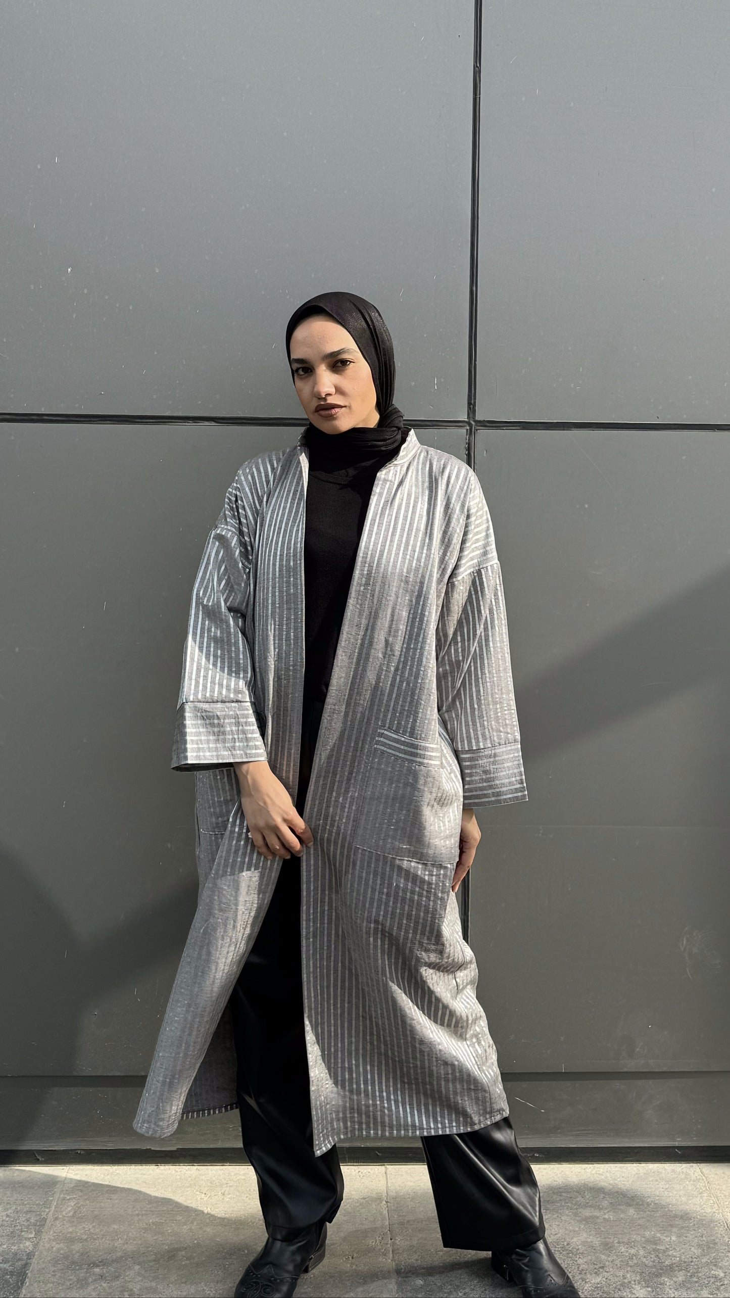 Striped Grey Satin Kaftan
